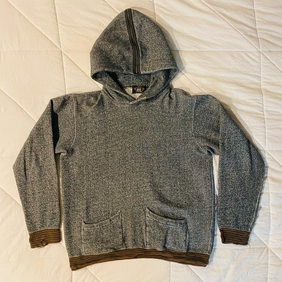 Ralph Lauren Double RRL Split Zip Hood Pullover Grey Hoodie Men’s Size Large - Picture 1 of 4
